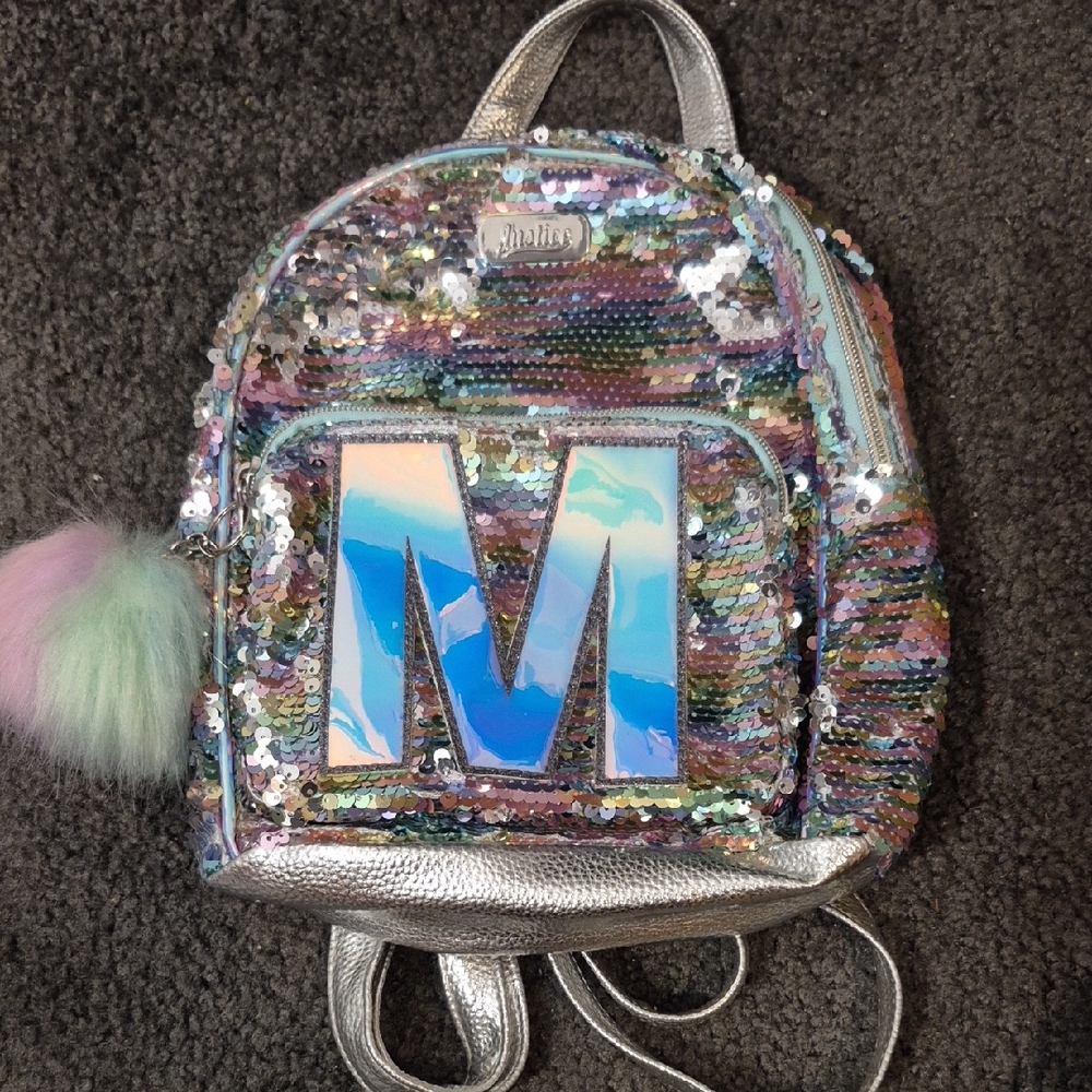 Justice Silver Sequin Mini Backpack with Pom Pom